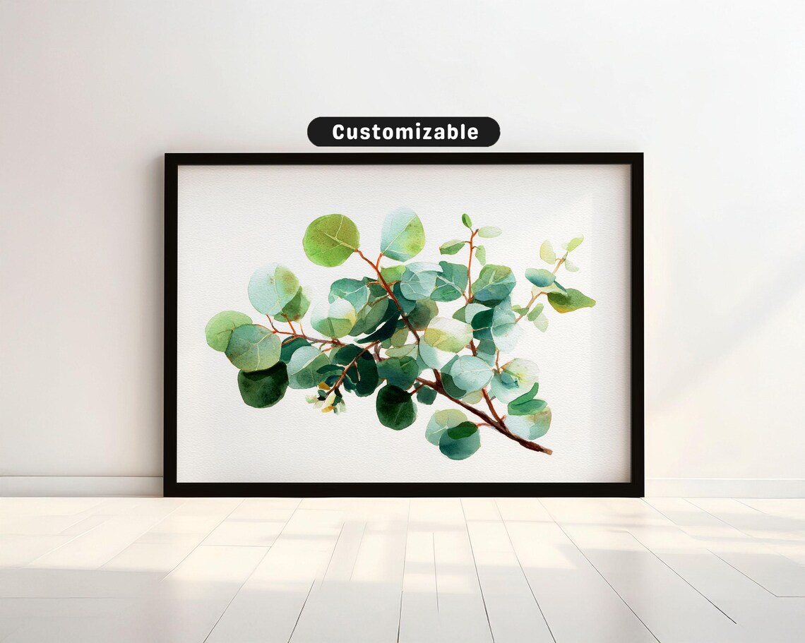 Watercolor Eucalyptus Branch Wall Art Loose Green Leaves Decor