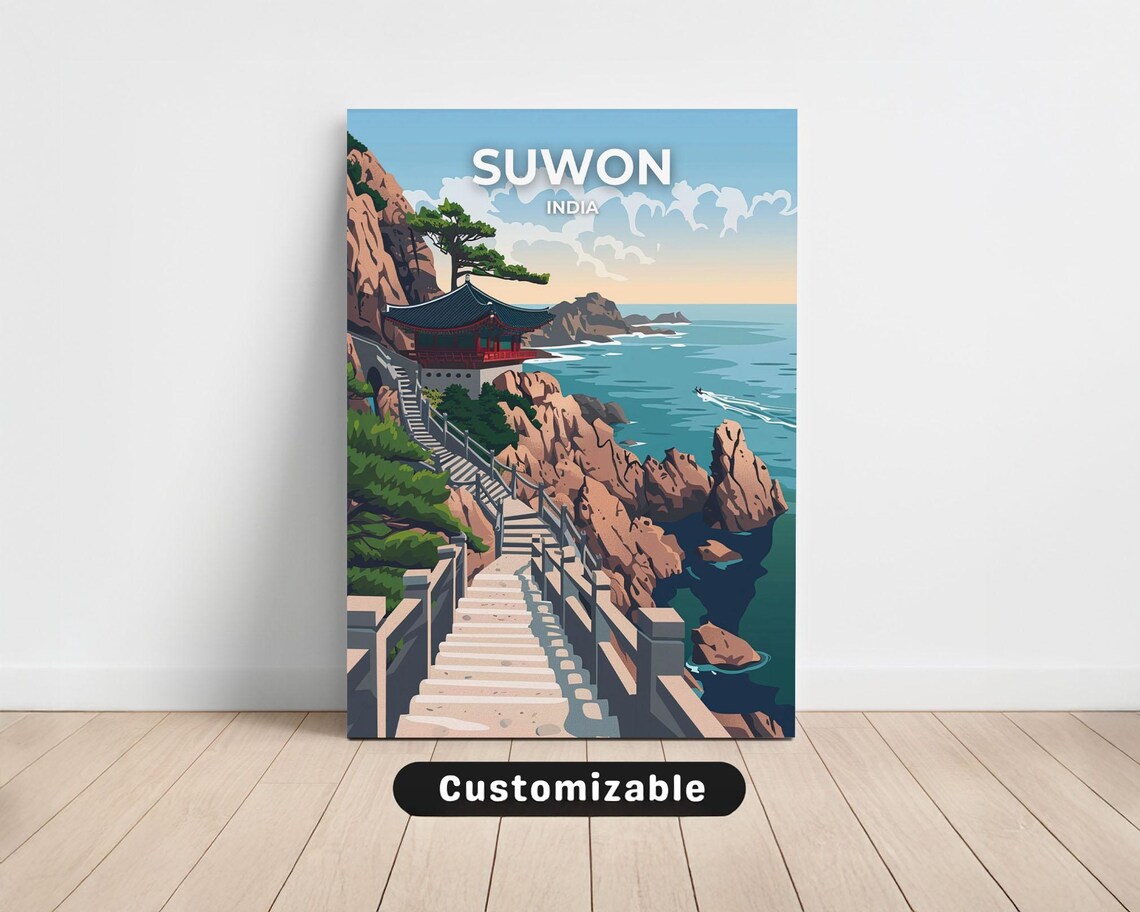 Suwon India Coastal Temple Cliff Sunset Travel Canvas Poster