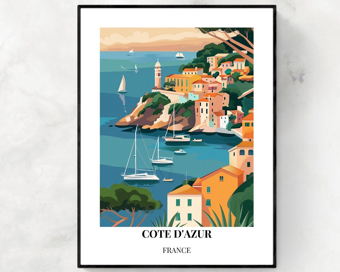Cote d'Azur France Riviera Harbor Sailboats Travel Poster Art