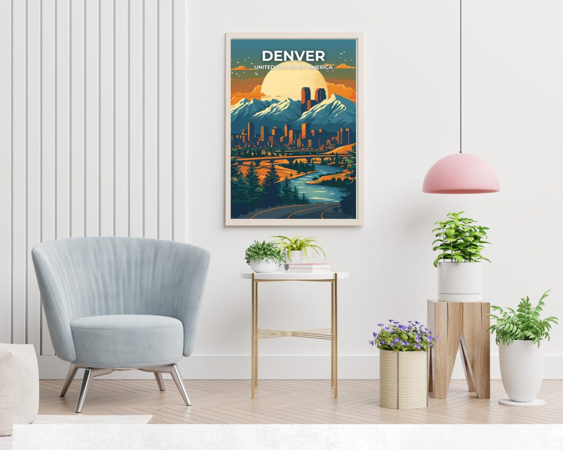 Denver Skyline Rocky Mountains Moonlit River Poster Top Title - Image 2