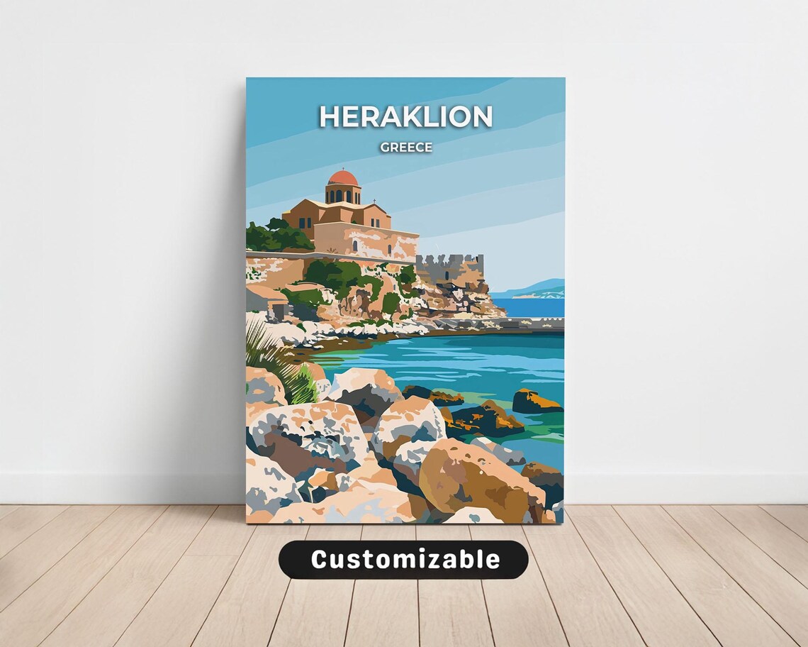 Heraklion Greece Rocky Cove Chapel Vintage Seaside Travel Poster