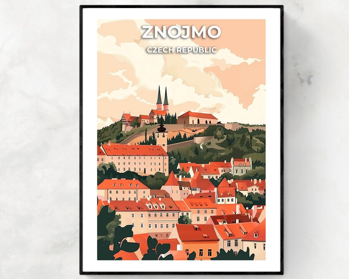 Znojmo Czech Republic Castle Hill Old Town Sunset Travel Poster