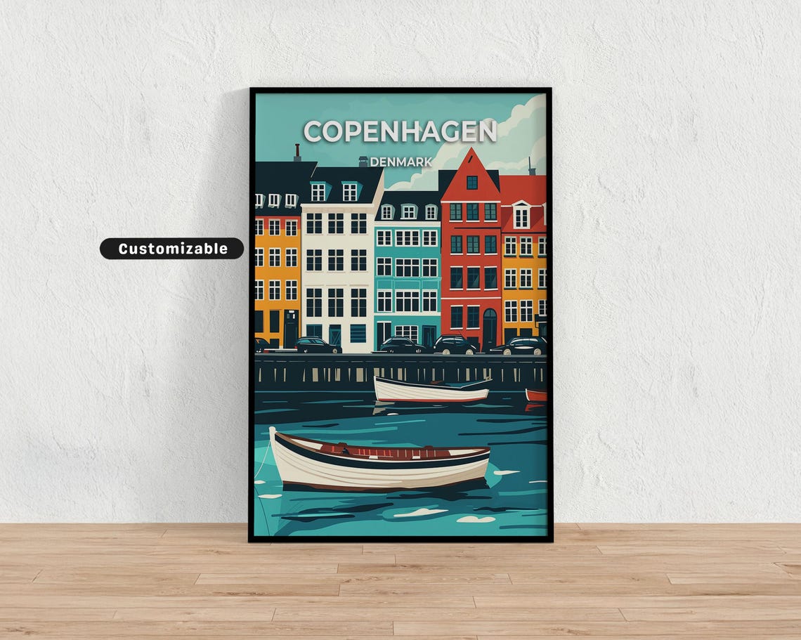 Copenhagen Denmark Travel Poster Nyhavn Colorful Harbor Scene