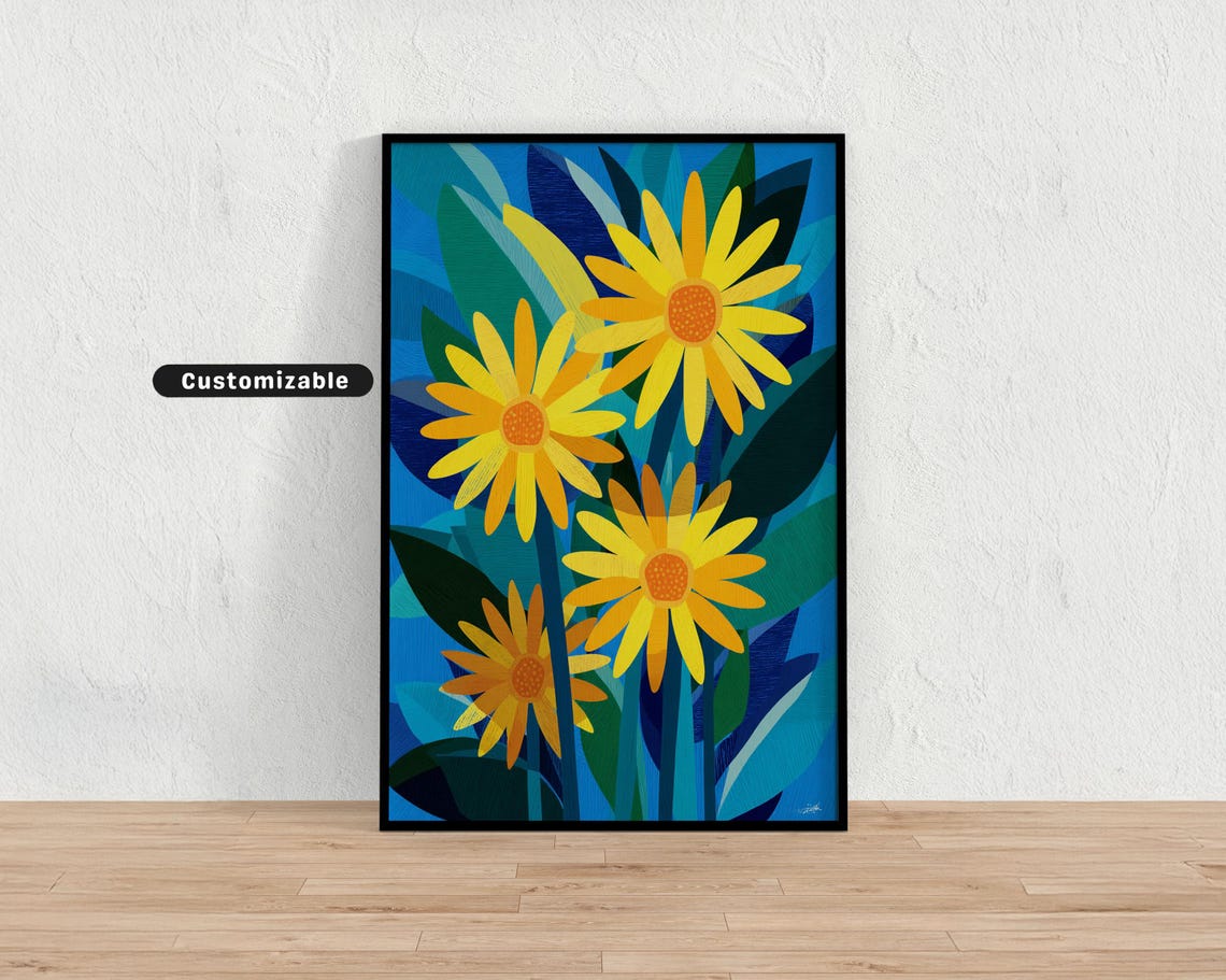 Yellow Daisies on Deep Blue Modern Botanical Floral Art Poster