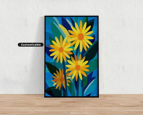 Floral Abstract With Giant Yellow Daisies And Geometric Leaves Mediterranean Colorful Wall Art Tropical Illustration Print Modern Boho