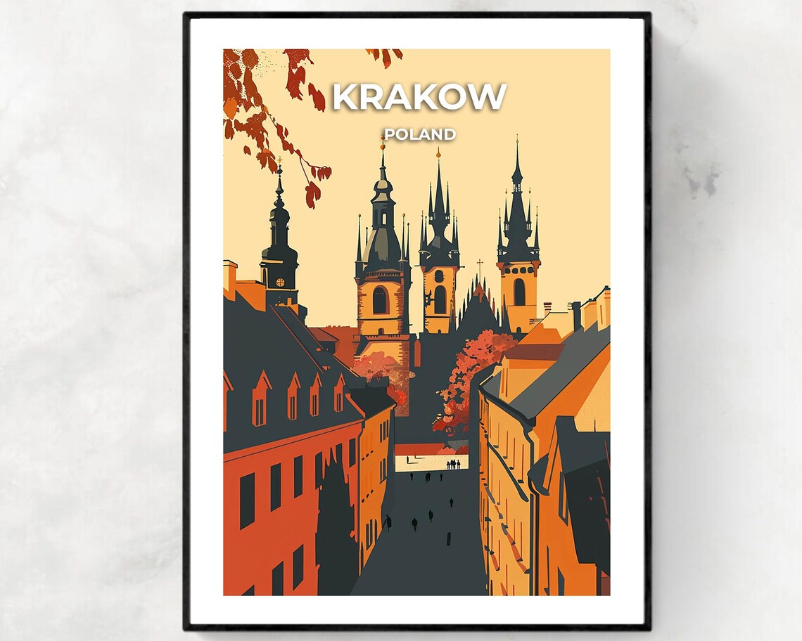Krakow Poland Old Town Street Church Towers Retro Travel Poster