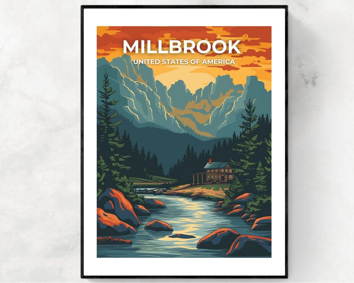 Millbrook Mountain River Cabin Golden Sunset Vintage Travel Poster