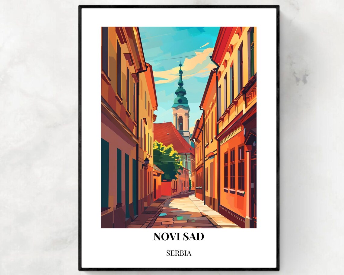 Novi Sad Serbia Old Town Cobblestone Street Church Tower Travel Poster