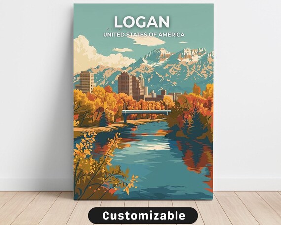 Logan Mountain River Autumn Fall Scenic Retro Travel Poster USA