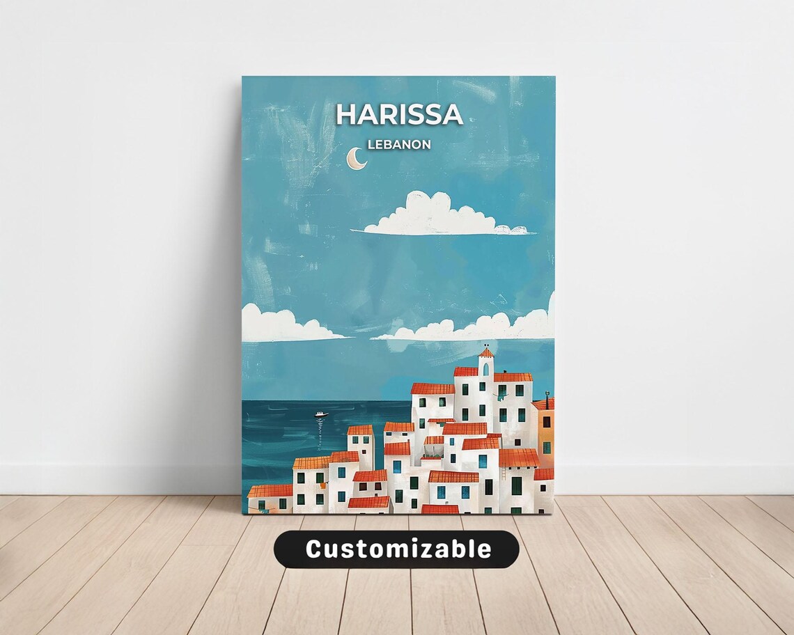 Harissa Lebanon Seaside White Town Red Roofs Vintage Travel Poster