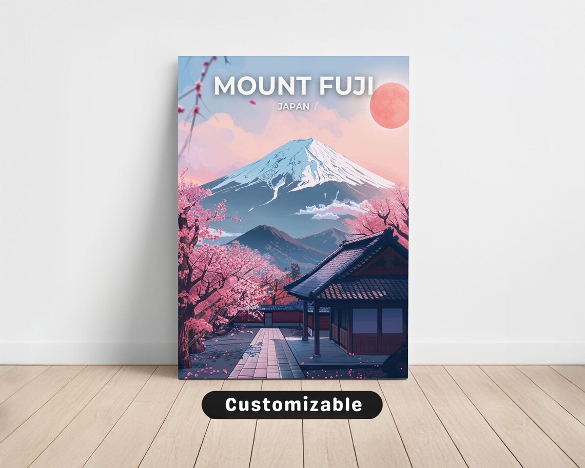 Mount Fuji Japan Cherry Blossom Temple Spring Travel Art Poster
