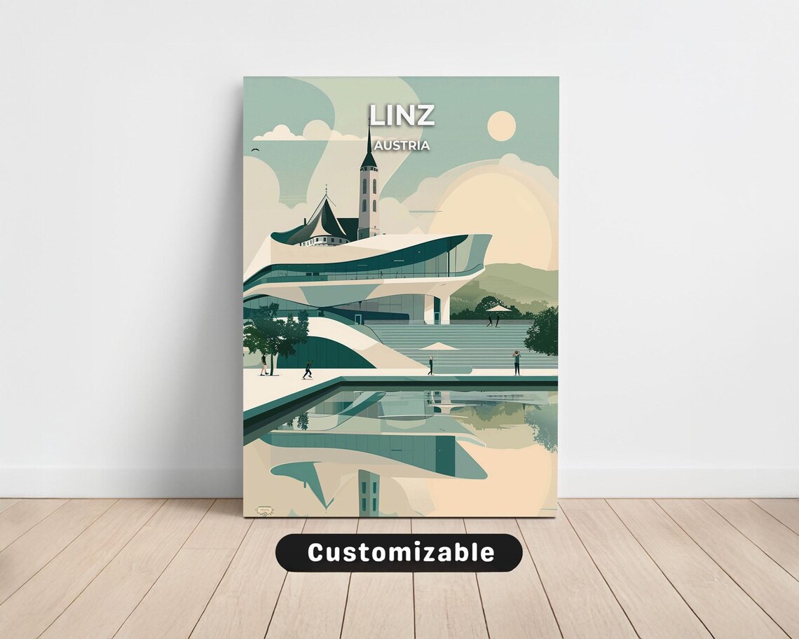 Linz Austria Riverside Church Tower Modern Travel Illustration Poster