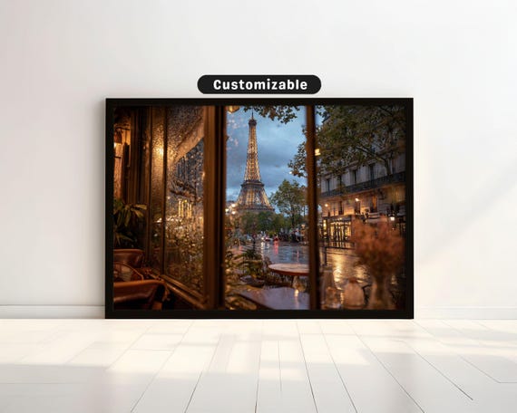 Parisian Caf Window With View Of Eiffel Tower At Dusk Travel Wall Art Print Scenic Landscape Decor
