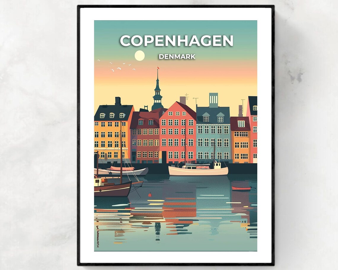 Copenhagen Denmark Colorful Harbor Sunset Retro Travel Poster