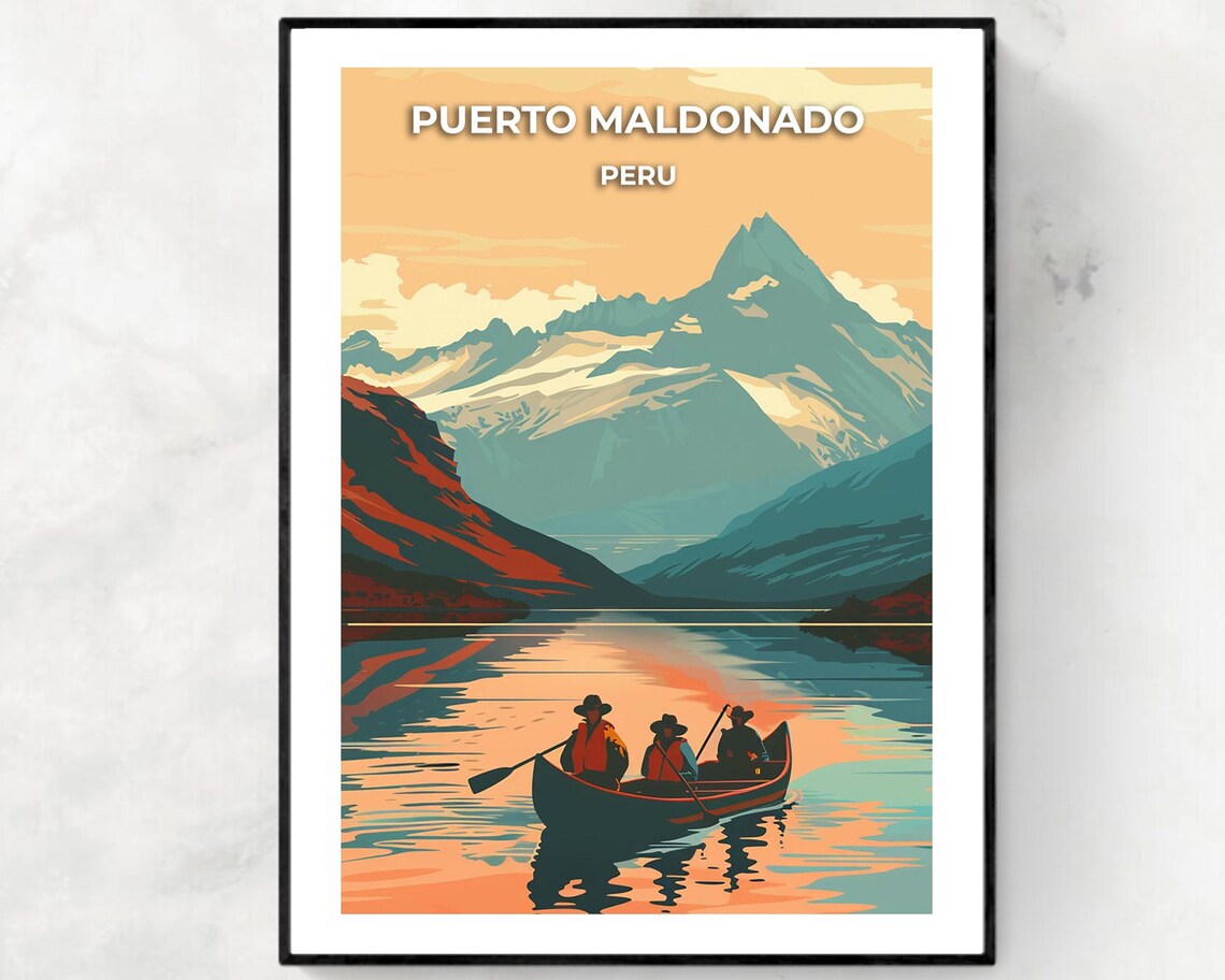 Puerto Maldonado Peru Canoe Lake Mountain Dusk Travel Poster