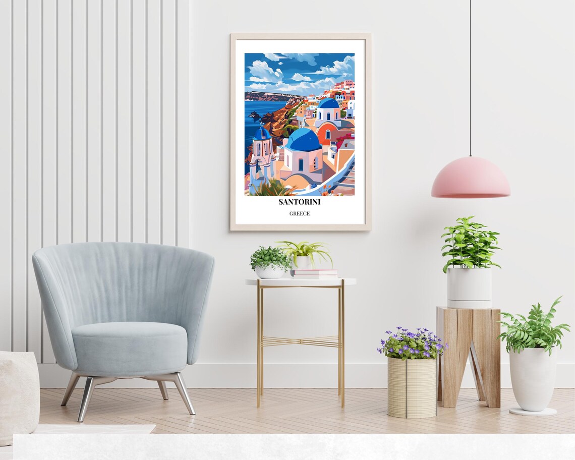 Santorini Greece Blue Domed Churches Over the Caldera Travel Poster - Image 2