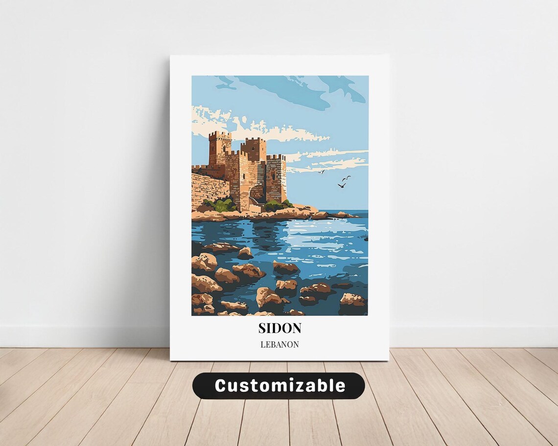 Historic Sidon Lebanon Sea Castle Rocky Coast Landmark Travel Poster