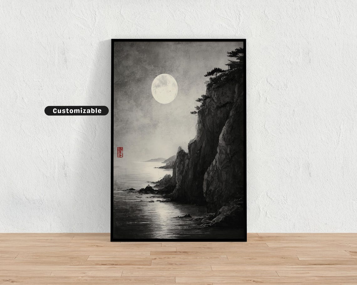 Rising Full Moon Coastal Cliffs Sumi E Ink Wash Japan Poster