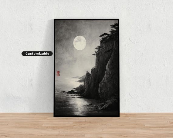 Moon Rising Over Coastal Cliffs In Sumie Technique Japanese Wall Art Print Zen Asian Decor