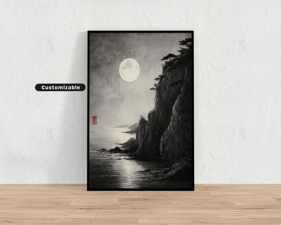 Rising Full Moon Coastal Cliffs Sumi E Ink Wash Japan Poster