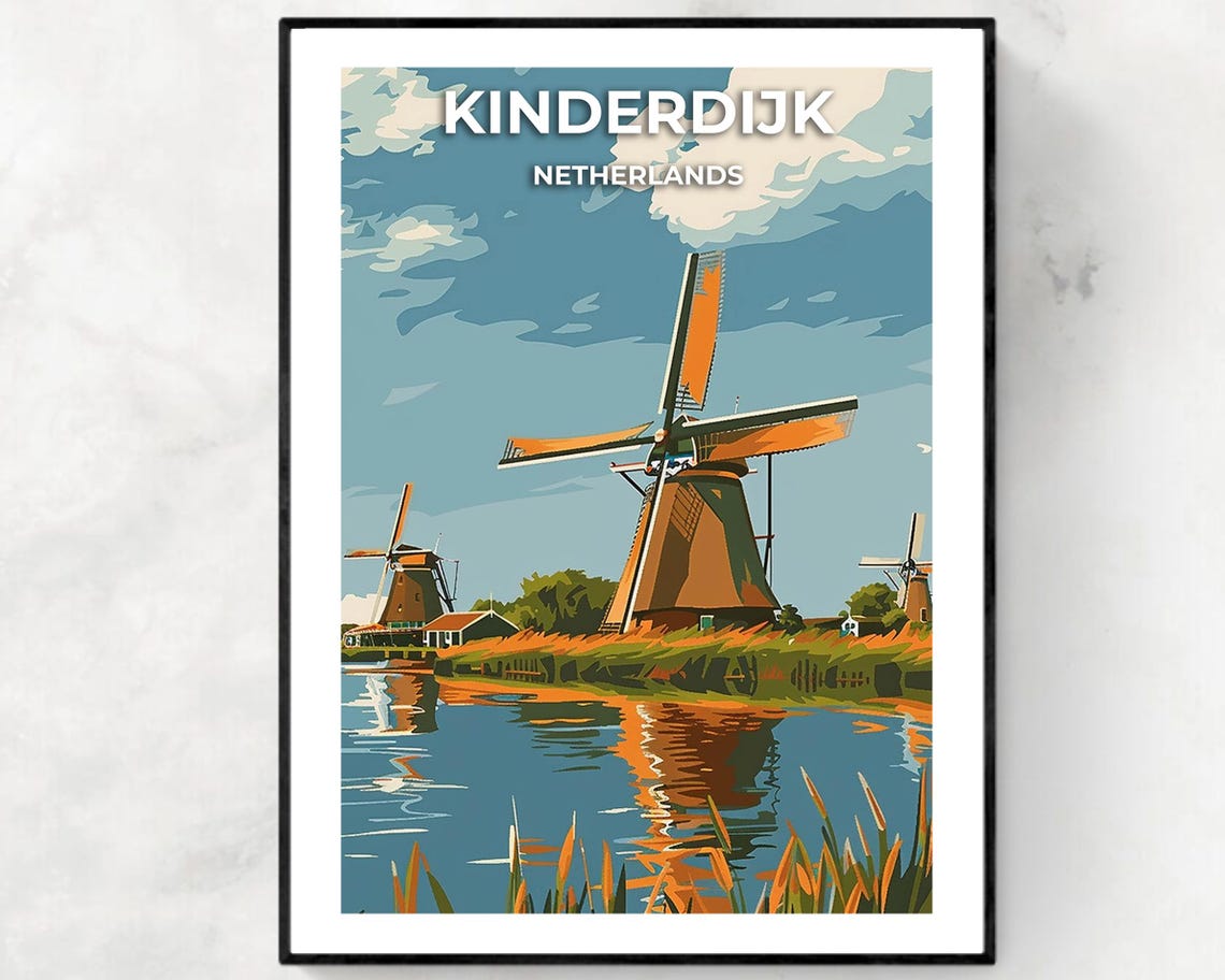 Kinderdijk Netherlands Windmills Canal Dutch Landscape Travel Poster