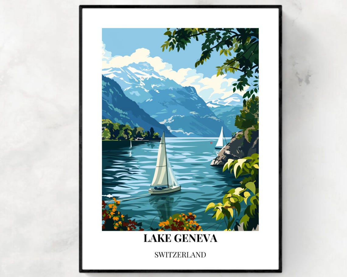Lake Geneva Switzerland Travel Print Wall Art Lake Geneva Switzerland City Print Lake Geneva Switzerland Travel Gift Lake Geneva