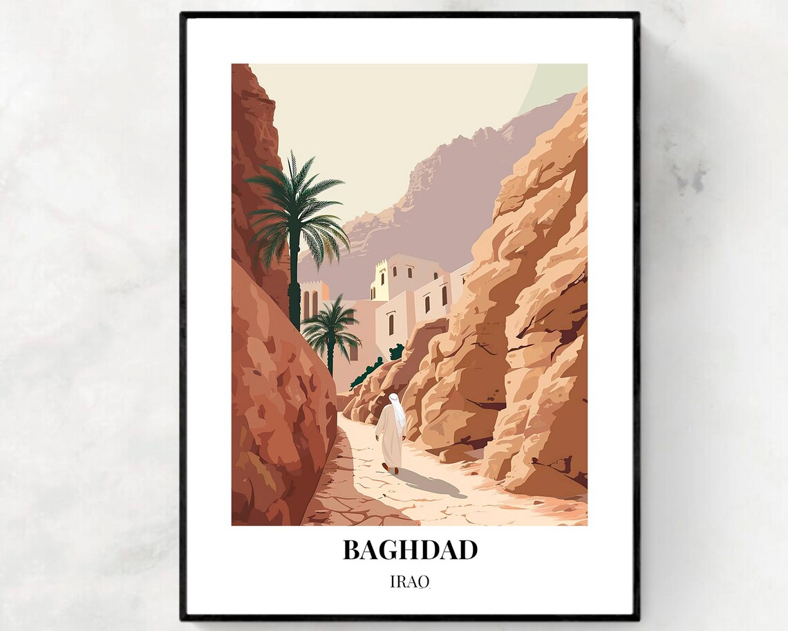 Baghdad Iraq Old Town Canyon Palm Alley Figure Retro Travel Poster