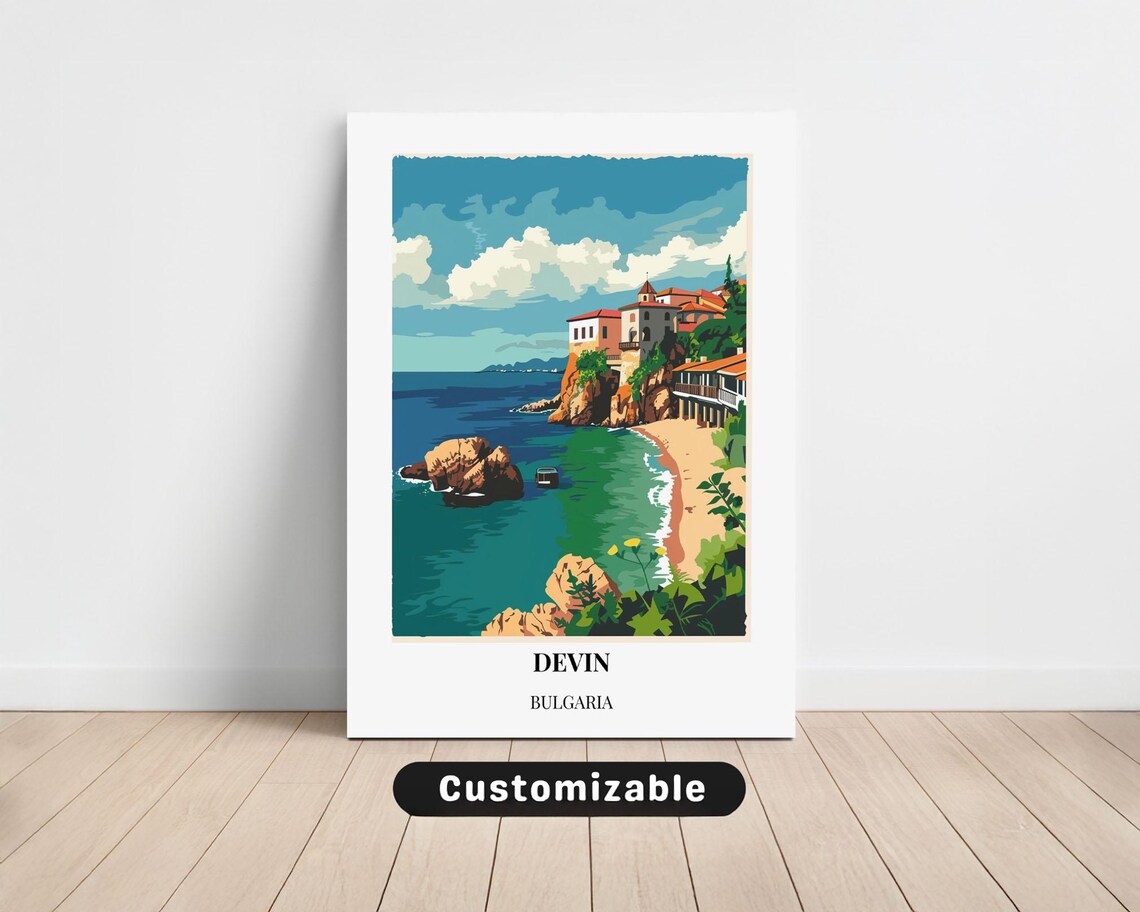 Devin Bulgaria Coastal Cliff Town Mediterranean Travel Poster