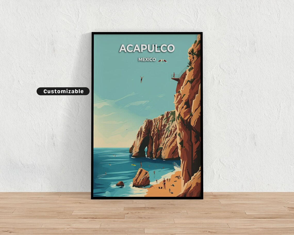 Acapulco Mexico La Quebrada Cliff Divers Beach Customizable Travel Poster