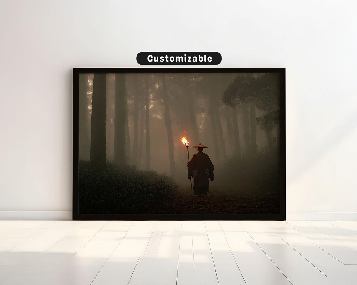 Shinto Priest Foggy Forest Torch Moody Japan Photography Art Print