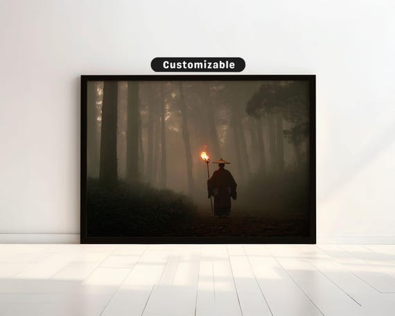 Shinto Priest Walking Through Foggy Forest With Torch Japanese Wall Art Print Zen Asian Decor