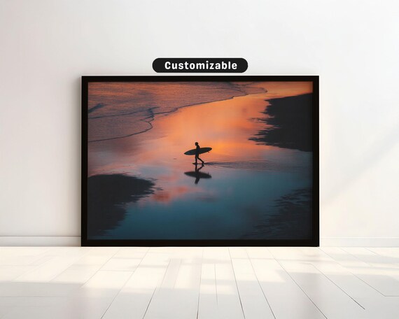 Surfer Silhouette Walking Beach At Dusk Sunset Reflection Surf Photo Poster