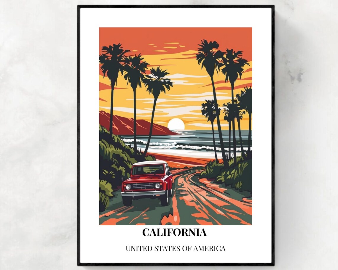 California Beach Road Red Vintage SUV Sunset Palms Travel Poster