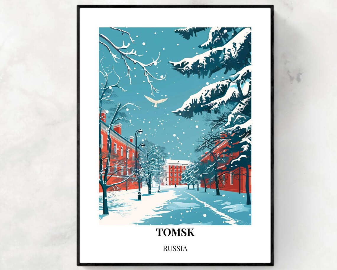 Tomsk Russia Winter Street Red Buildings Snowfall Scene Travel Poster