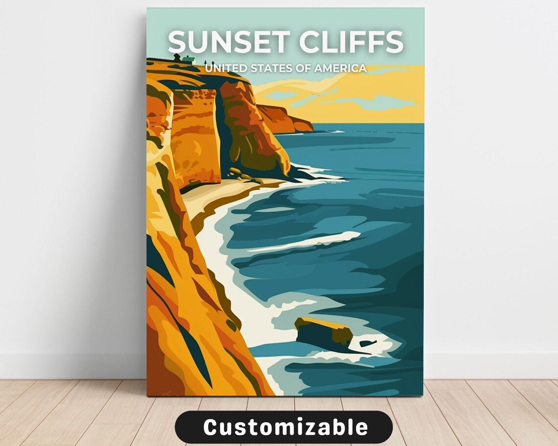 Sunset Cliffs USA Vintage Travel Poster Ocean Cliffs Sunset Decor Style