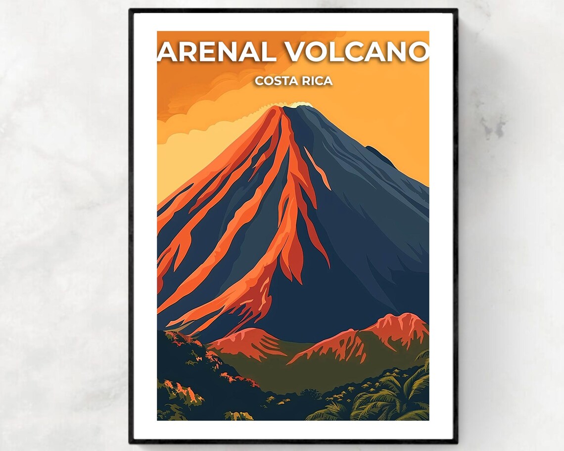 Arenal Volcano Costa Rica Poster with Glowing Lava Flows at Dusk