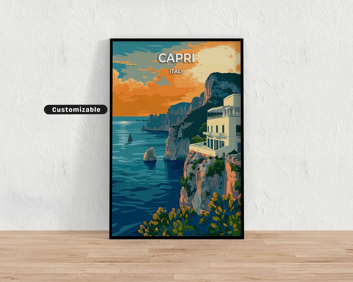 Capri Italy Cliffside Villa Faraglioni Sunset Retro Travel Poster