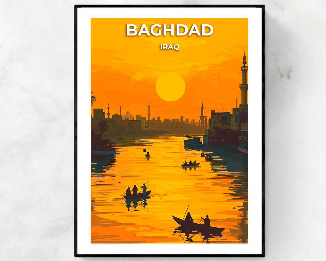 Baghdad Iraq Sunset River Boats Minaret Skyline Golden Travel Poster