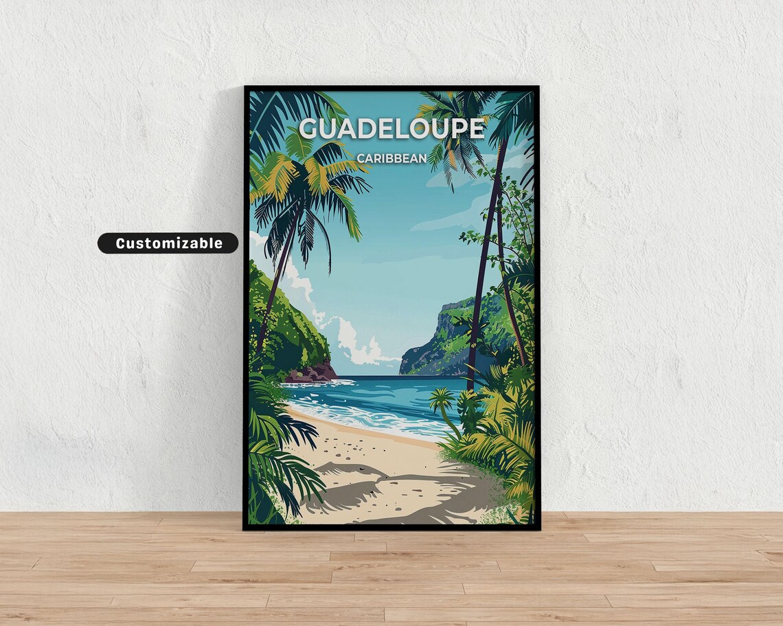 Guadeloupe Caribbean Palm Framed Cove Sandy Beach Travel Art Poster