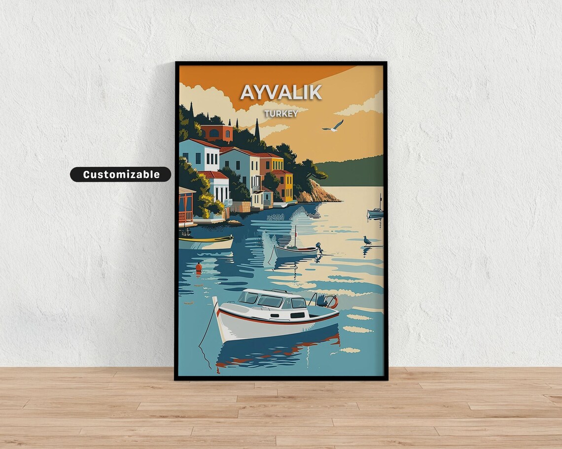 Ayvalik Turkey Waterfront Houses Fishing Boats Retro Travel Poster