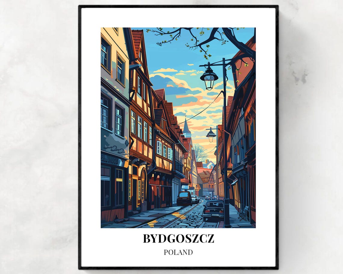 Bydgoszcz Poland Old Town Street Sunset Lanterns Scene Poster