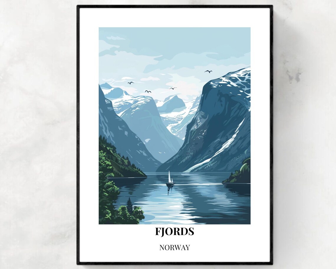 Fjords Norway Sailboat Mountain Valley Minimalist Travel Poster