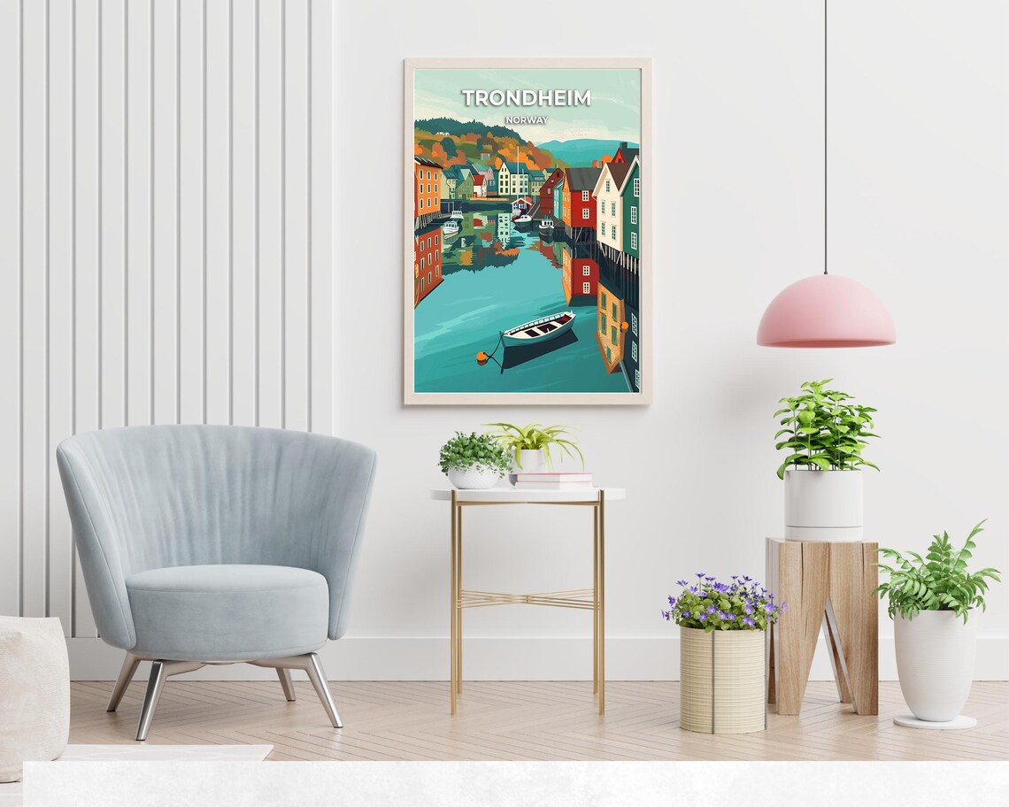 Trondheim Norway Riverfront Harbor Autumn Vintage Travel Poster - Image 2