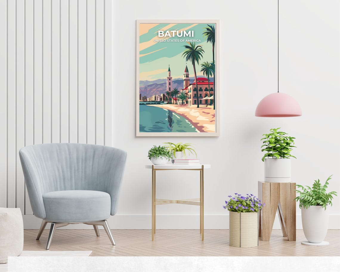 Batumi Beachfront Palms White Title Retro Coastal Travel Poster - Image 2