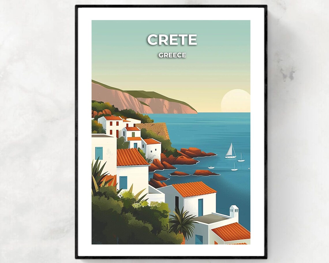 Crete Greece Seaside Village Sunset Travel Illustration Poster