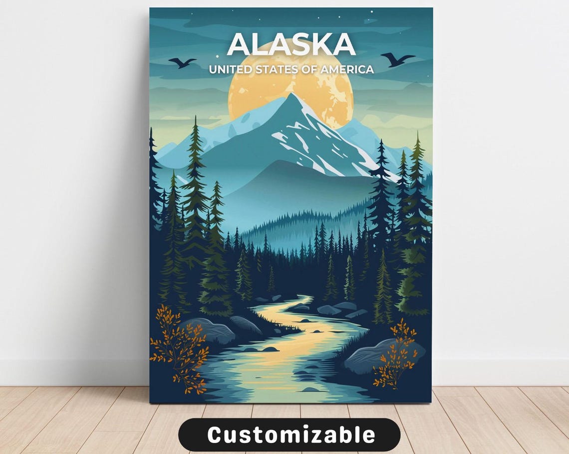 Alaska USA Moonlit Mountain Pines River Vintage Wilderness Poster