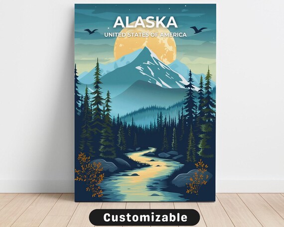 Alaska USA Moonlit Mountain Pines River Vintage Wilderness Poster