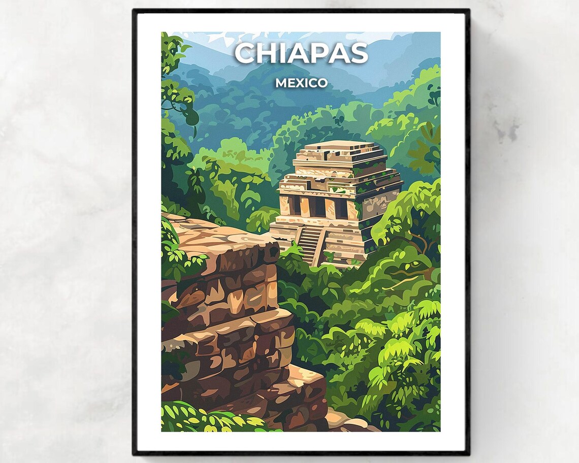 Chiapas Mexico Poster with Palenque Maya Temple in the Jungle