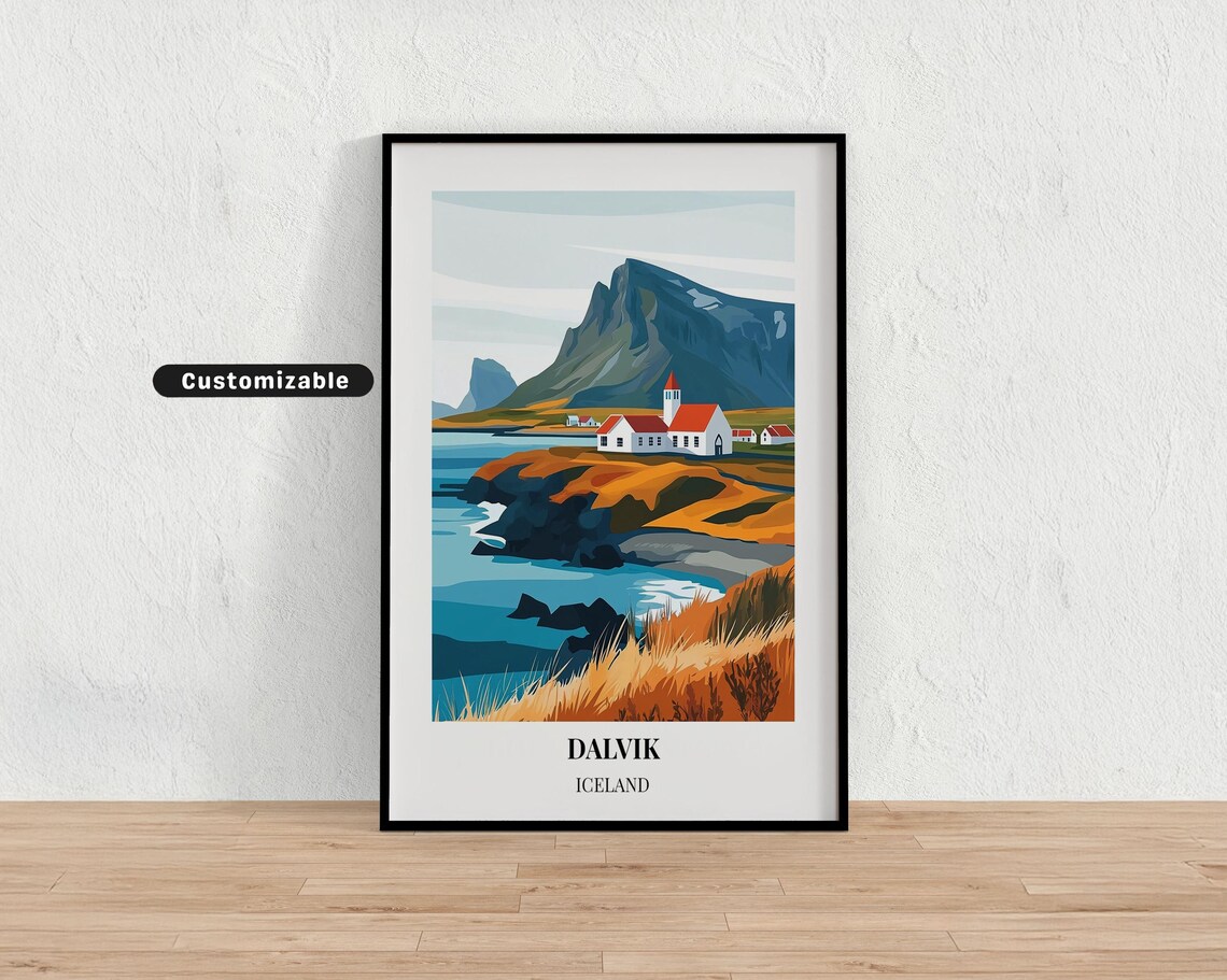 Dalvik Iceland Rocky Coast White Church Sea View Travel Art Poster