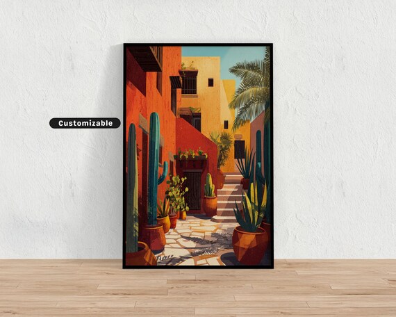 Colorful Mediterranean Patio With Cacti And Terracotta Walls At Sunset Wall Art Tropical Illustration Print Mod